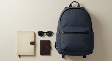 Navy blue backpack with notebook, sunglasses, and wallet; travel essentials arranged neatly.