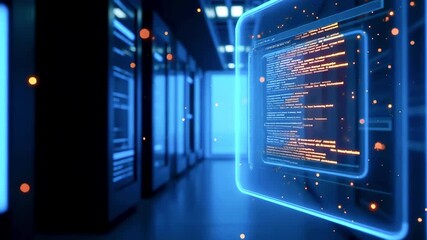 Futuristic data center showcasing glowing code panels with vibrant lights and digital elements - Powered by Adobe
