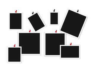 Photo frames realistic. Empty white photos frame vintage different forms on wall, blank retro memory album. Wall collage photography mockup vector isolated set