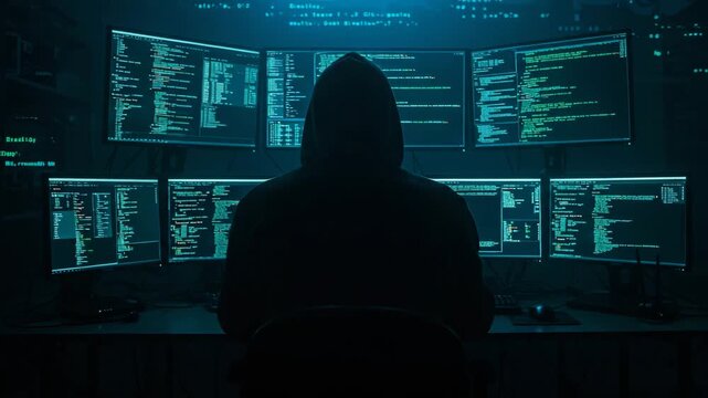 Hacker Silhouette Typing in Hoodie Surrounded by Multiple Monitors with Scrolling Code in Blue Green Dimly Lit Room