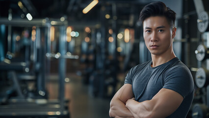 Asian male gym trainer or bodybuilder, serious and folded arms, copy space
