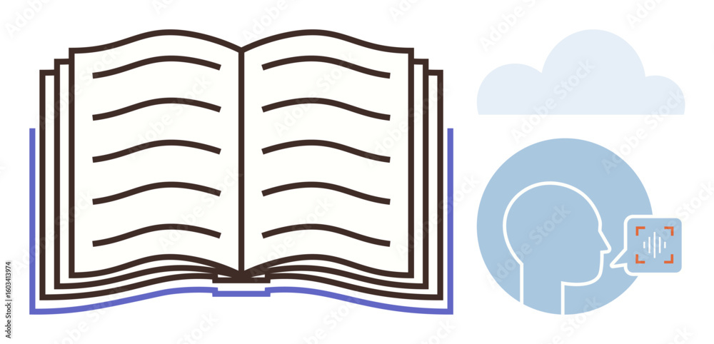 Poster open book with visible lines symbolizing text next to a head profile with sound waves. ideal for edu