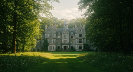 Sunlit stone mansion nestled amidst lush green woodland, a tranquil and secluded estate.