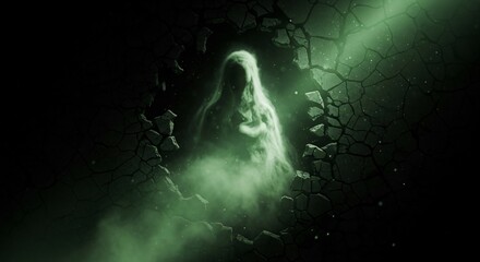Ghostly figure emerging from cracked wall in dark green light horror mystery spooky paranormal ethereal
