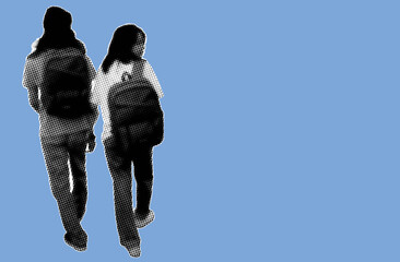 Rear view couple of students with backpack walking looking away pixelate color halftone dotted texture style collage element isolated on blue background