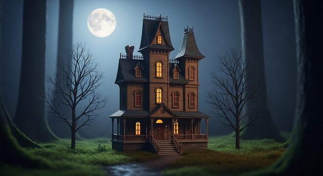 Spooky haunted house scary halloween dark forest moonlit night eerie mansion creepy trees gothic architecture
