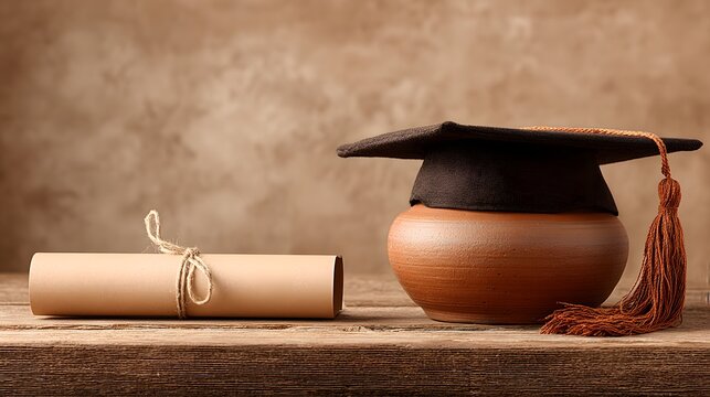 Graduation ceremony props on a rustic wooden surface.