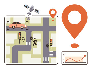 GPS satellite, car, pedestrian, traffic signals, location pin, and growth chart represent navigation, urban planning, connectivity and data analysis. Ideal for mapping transport IoT safety