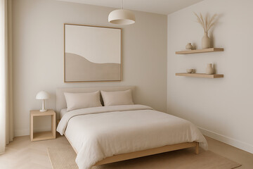 minimal interior for airbnb. A minimalist bedroom features a neatly made bed with neutral bedding, beige walls, simple wooden shelves, and soft natural lighting for a calm atmosphere.