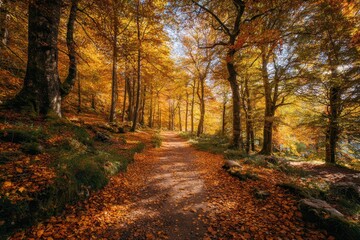 Trail through Autumn Forest Light filters through trees; idyllic path for hiking