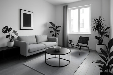 minimal interior for airbnb. A minimalist living room with a gray sofa, black round coffee table, indoor plants, and a large window letting in natural light.