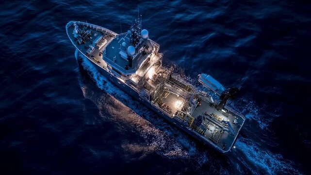 An aerial view of a modern research vessel at dusk equipped with advanced technology as it lowers a manta trawl into the water. The scene captures the intersection of science and nature