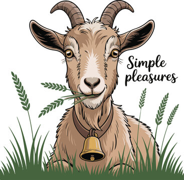 Happy goat enjoying simple pleasures eating grass in a field with bell and text illustration