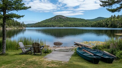 Serene lakefront scene with wooden dock and chairs