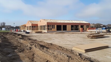 Under-construction light peach-colored building, surrounded by dirt and construction materials