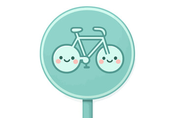 Cartoon bicycle path sign with happy blushing bike. Pastel turquoise, transparent background, no text.