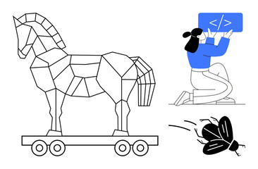 Geometric Trojan horse on wheels, programmer holding code sign while kneeling, flying bug icon. Ideal for cybersecurity, hacking prevention, coding process, debugging steps, malware warning, online