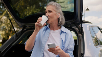 Carefree relaxed Caucasian aged lady elderly woman female senior mature car auto driver traveler...