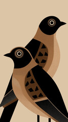 Pair of black and brown birds with copy space