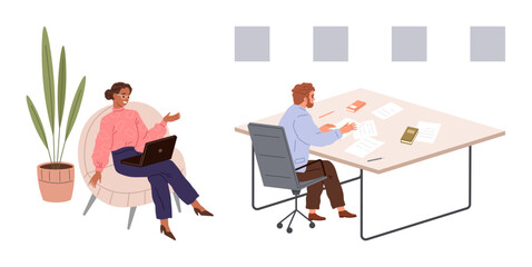 Woman sitting on a chair with a laptop, plants nearby, man working at a desk with papers and books. Ideal for teamwork, remote work, productivity, collaboration, business communication, office