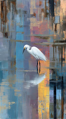 Snowy egret in lake vertical painting