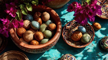 Obraz premium Speckled Eggs in Terracotta Pot with Bougainvillea