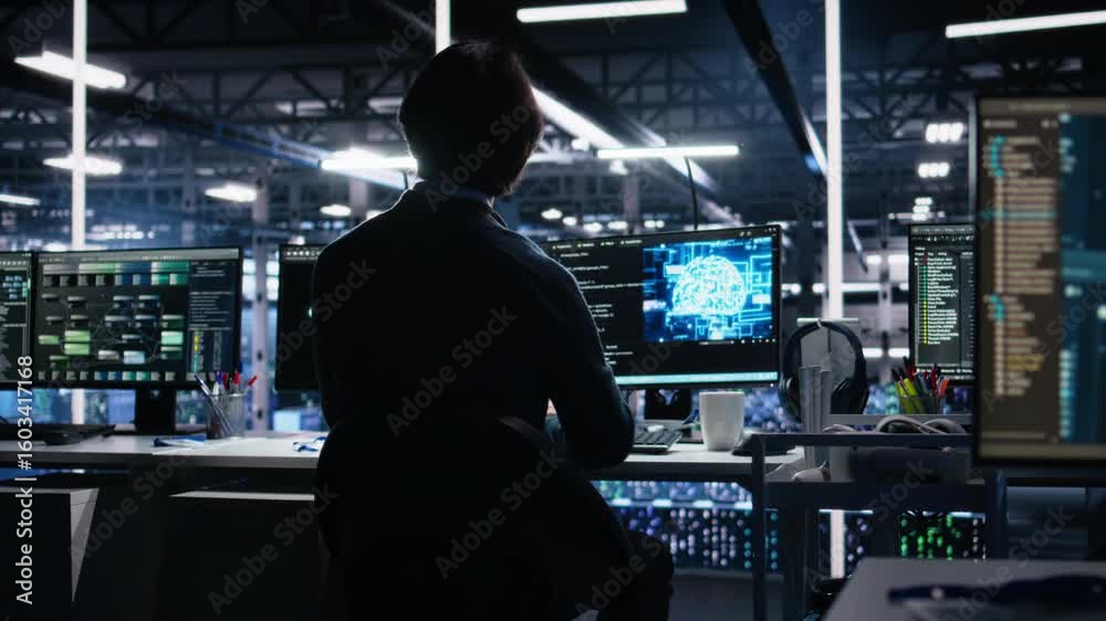Poster admin in server room drinks coffee while using ai to review infrastructure diagnostics. it specialis