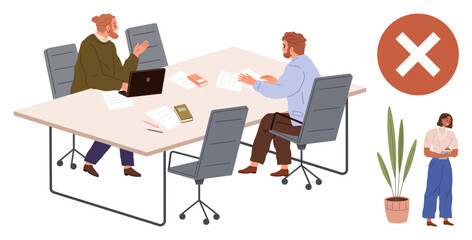 Two colleagues discuss documents at a desk while a woman stands alone near a plant with a dismissive X symbol. Ideal for teamwork, isolation, conflicts, rejection, leadership challenges, workplace