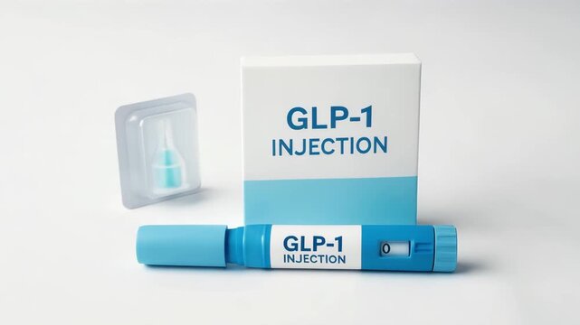 GLP-1 weight loss injection packaging and pen, semaglutide medication, diabetes and obesity treatment, pharmaceutical