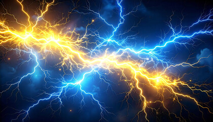 黄色と青のイナズマ。イナズマが混じり合う対立構造。Yellow and blue lightning. A contrasting structure in which lightning mixes together.