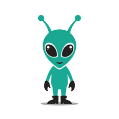 A friendly green alien character with big black eyes and two antennae, smiling gently. A classic extraterrestrial mascot for themes of space, technology, or science fiction. Simple flat vector illustr