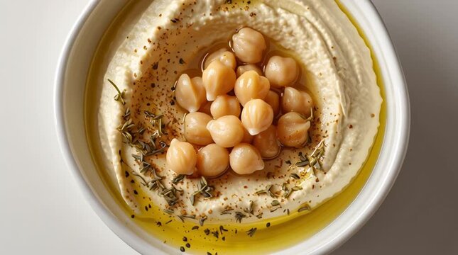 Creamy hummus topped with chickpeas and herbs, drizzled with oil, a delicious and healthy Mediterranean appetizer.