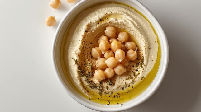 Creamy hummus topped with chickpeas and herbs, drizzled with oil, a delicious and healthy Mediterranean appetizer.