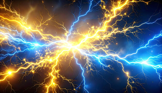 黄色と青のイナズマ。イナズマが混じり合う対立構造。Yellow and blue lightning. A contrasting structure in which lightning mixes together.