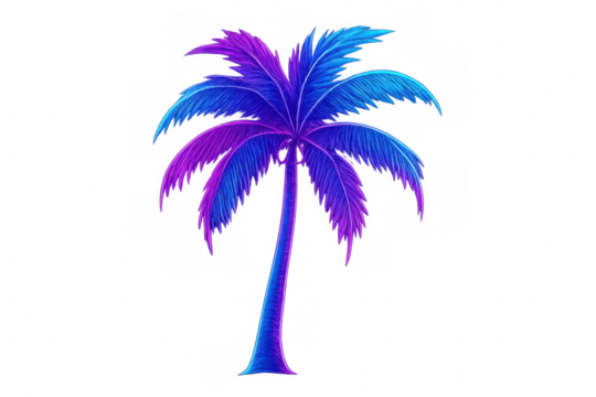 Palm tree branches glowing in vivid purple and blue, standing against transparent backdrop, emphasizing tropical design aesthetic