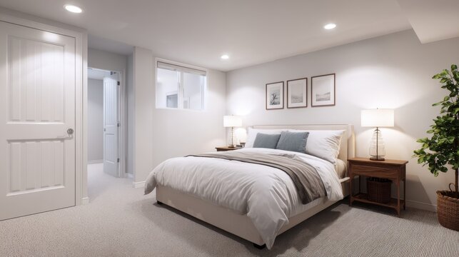 Clean white modern bedroom with symmetrical nightstands, recessed lighting, and framed wall prints