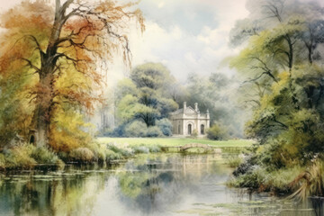 Fototapeta premium Watercolor landscape with an old pavilion by the water, surrounded by dense trees in the autumn-summer palette. 