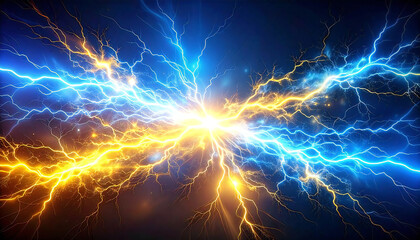 黄色と青のイナズマ。イナズマが混じり合う対立構造。Yellow and blue lightning. A contrasting structure in which lightning mixes together.