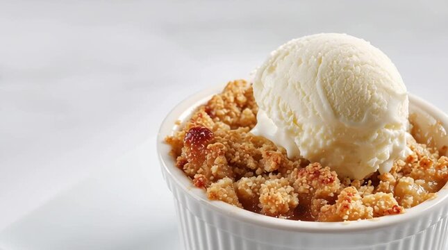 Delicious dessert: warm crumble topped with creamy vanilla ice cream, served in a white ramekin on a white plate.