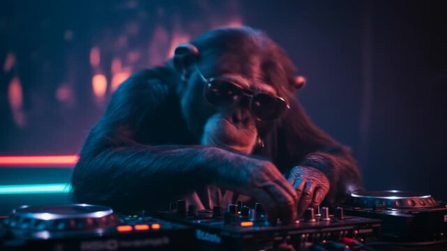 Monkey DJ: A cool chimpanzee, adorned with stylish glasses, commands a DJ setup in a vibrant, neon-lit club setting. Capturing the essence of modern entertainment and unique expression.