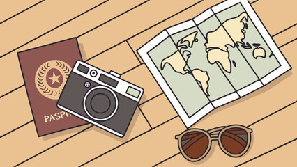 Travel essentials passport camera map and sunglasses for vacation planning and adventure photography trip