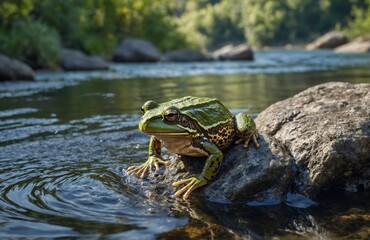 Fototapeta premium Curious frog sitting peacefully in clear stream surrounded by river rocks