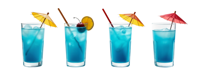 Three glasses  blue liquid with umbrellas on top  them.