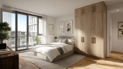 Scandinavian-inspired bedroom with light wood tones, white linens, and uncluttered surfaces