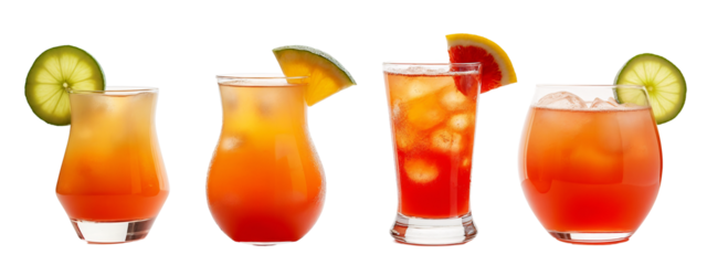 Three glasses filled with different types  drinks on a white surface.