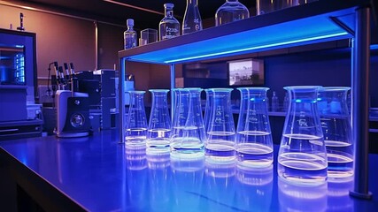 Detailed view of beakers filled with liquid on a laboratory table illuminated with blue light demonstrating scientific research equipment - Powered by Adobe