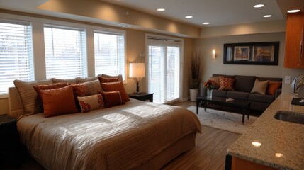 Studio apartment furniture organized to create zones, bed aligned with window, sofa near kitchen