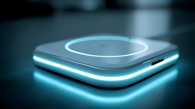Modern wireless charging pad with glowing light.