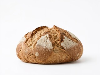 High-resolution image of a crusty sourdough bread loaf with a rustic golden crust and airy texture, isolated on a clean white background with studio lighting.