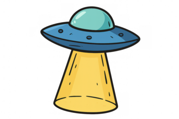 Cartoon ufo with glass dome hovering, emitting bright yellow light beam against transparent background
